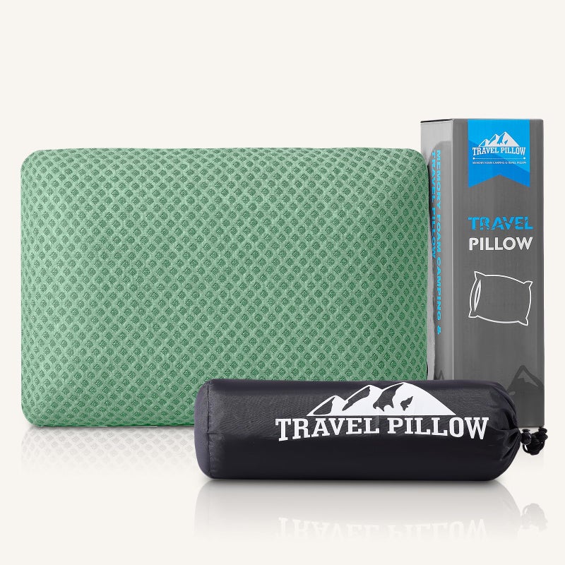 PEUJEW Travel Pillow Memory Foam Pillows, Camping Pillow-Compressible Medium Firm, Breathable Cover, Ideal Backpacking Hiking, Bed Pillows, Airplane and Car (Green, M) - Image 1